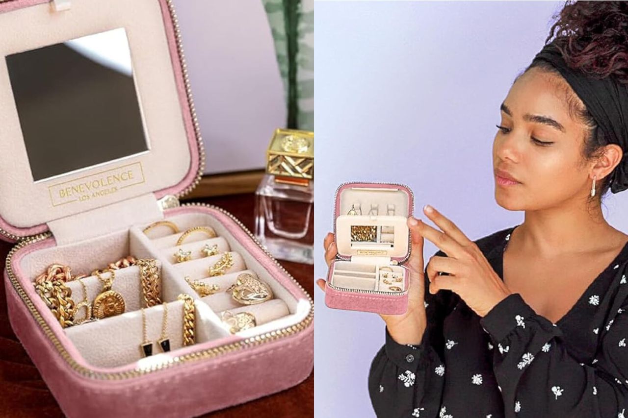 A jewelry case displaying rings necklaces earrings and a person holding a smaller version of the case pointing to it Credit: Amazon(2)