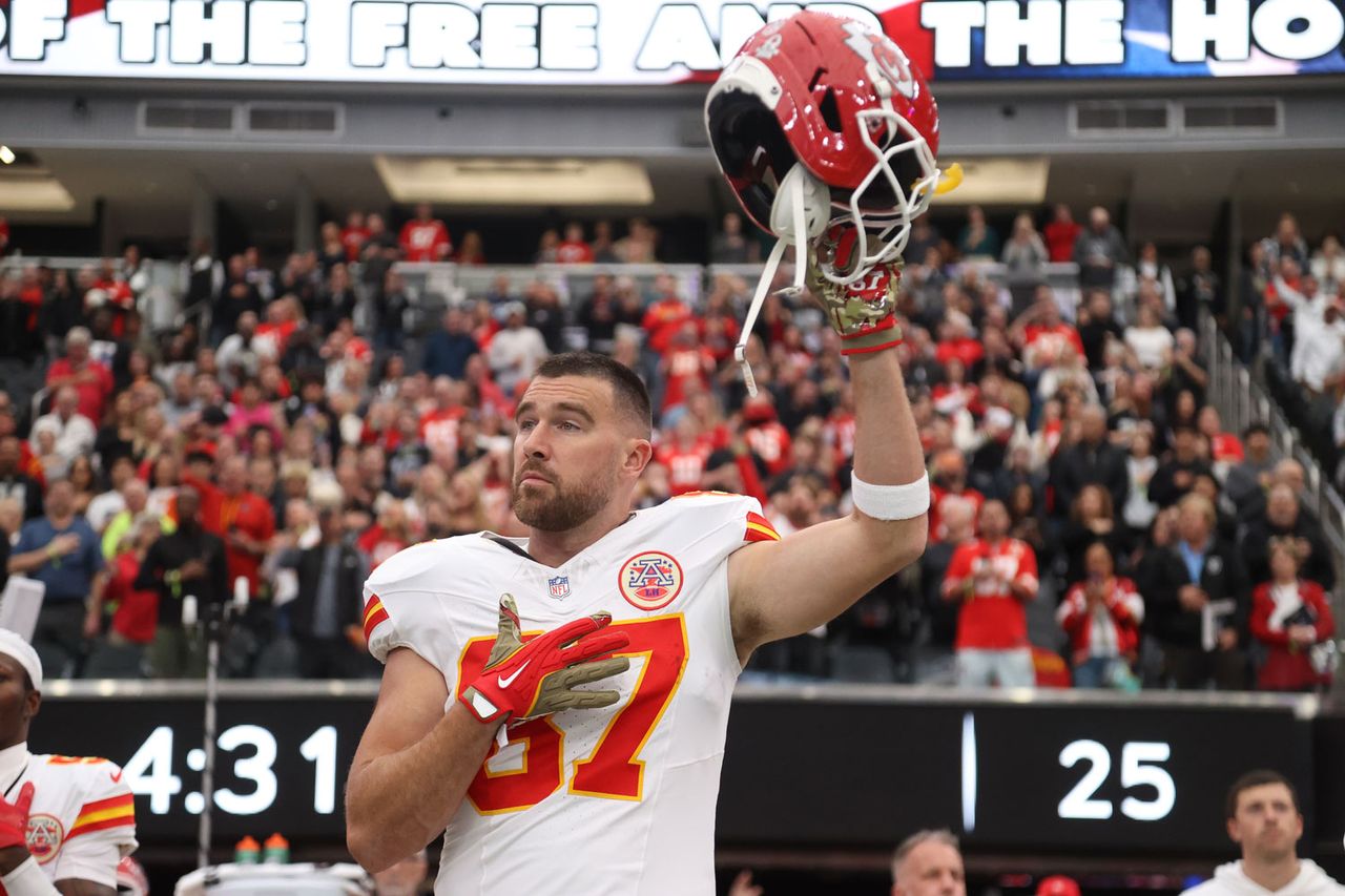 Travis Kelce looks on prior to the game against the Las Vegas Raiders at Allegiant Stadium on January 04, 2026Credit: Ian Maule/Getty
