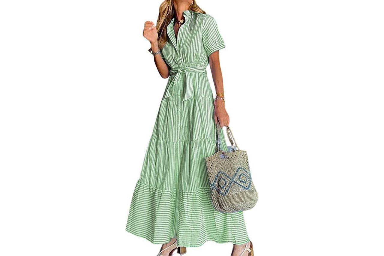 Amazon utcoco Womens Casual Short Sleeve Button Down Tie Waist Ruffled Striped Maxi Shirt Dress Credit: Amazon