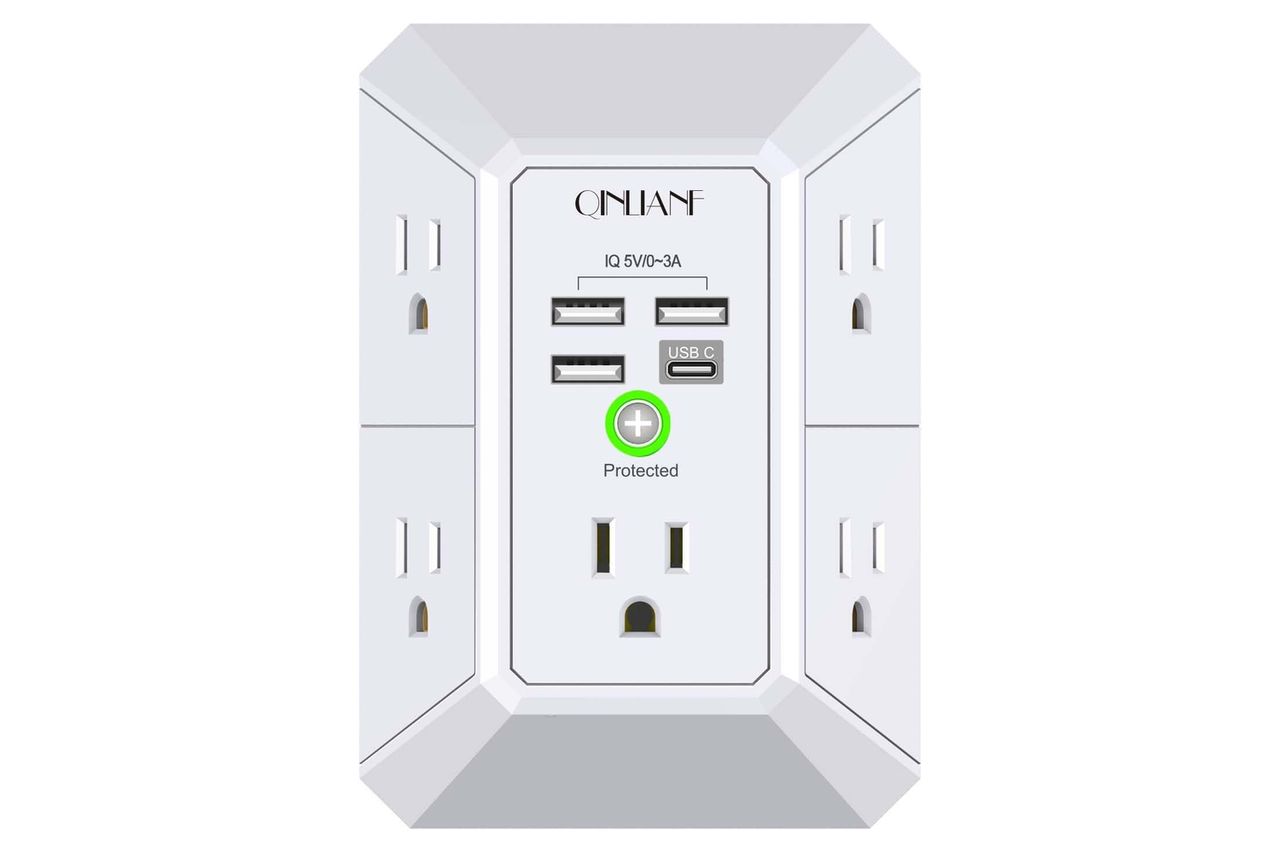 Wall Charger, Surge Protector, QINLIANF 5 Outlet Extender with 4 USB Charging Ports, 3-Sided 1680J Power Strip Multi Plug Adapter Spaced for Home Travel Office Credit: Amazon