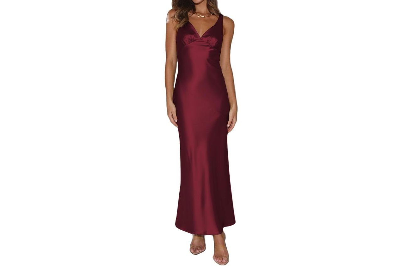 Summer Satin Spaghetti Strap Cowl Neck Backless Midi Dresses Credit: Amazon