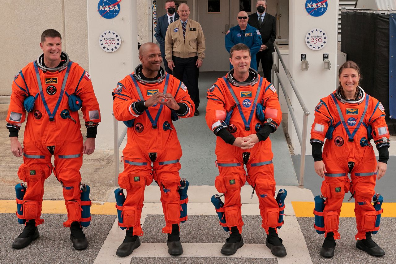 Mission specialist Jeremy Hansen of CSA (Canadian Space Agency), pilot Victor Glover, commander Reid Wiseman and mission specialist Christina Koch walk out of the Neil A. Armstrong Operations and Checkout Building ahead of the launch of the Artemis II at NASA’s Kennedy Space Center on April 01, 2026 in Cape Canaveral, Florida.Credit: Chip Somodevilla/Getty