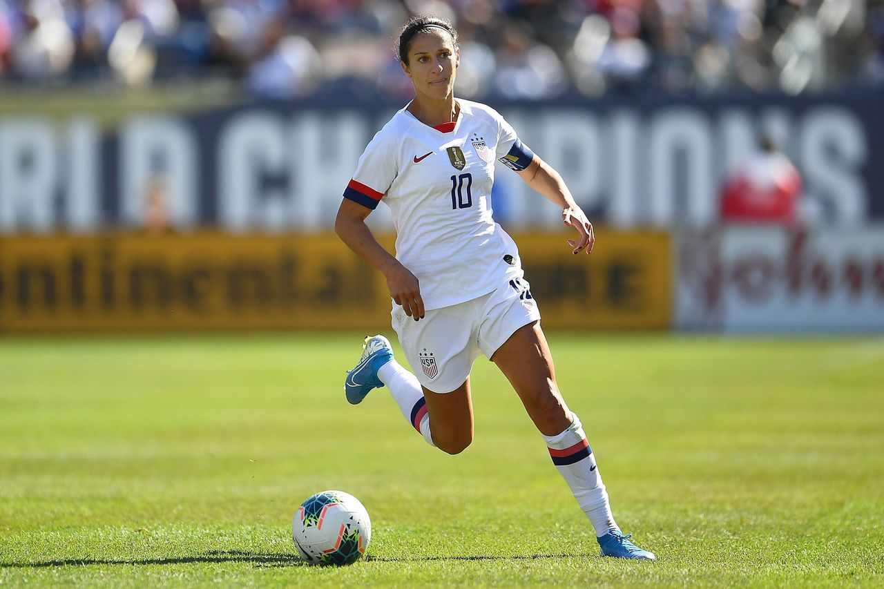 Carli Lloyd 10 of the U.S. Women's National Team controls the ball during the World Cup Victory Tour game against South Korea at Soldier Field on October 06, 2019 in Chicago, Illinois. Carli Lloyd #10 of the U.S. Women's National Team controls the ball during the World Cup Victory Tour game against South Korea at Soldier Field in October 2019.Credit: Stacy Revere/Getty