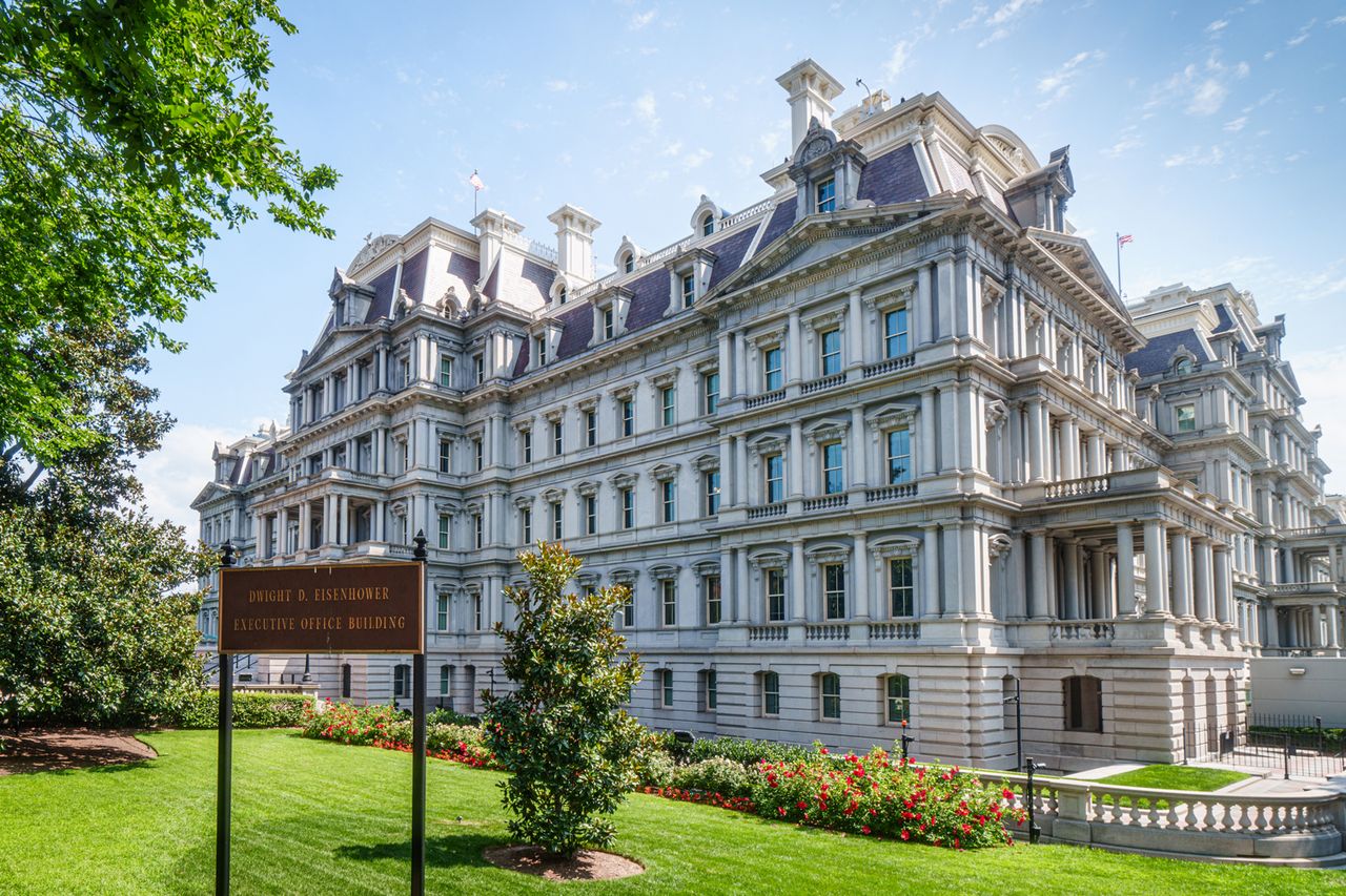 The Dwight Eisenhower Executive Office Building (EOB) is seen on August 18, 2024, in Washington, DC. The building is home to the official Office of the Vice President of the United States and many other executive branch offices. The Dwight Eisenhower Executive Office Building in Washington, D.C.Credit: J. David Ake/Getty