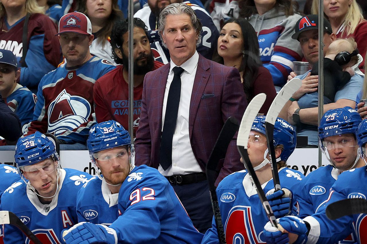 Head coach Jared Bednar of the Colorado Avalanche watches as his team plays the Vegas Golden Knights in the first period at Ball Arena on April 11, 2026 in Denver, Colorado. Jared Bednar at Ball Arena in Denver on April 11 before being injured by a hockey puckCredit: Matthew Stockman/Getty