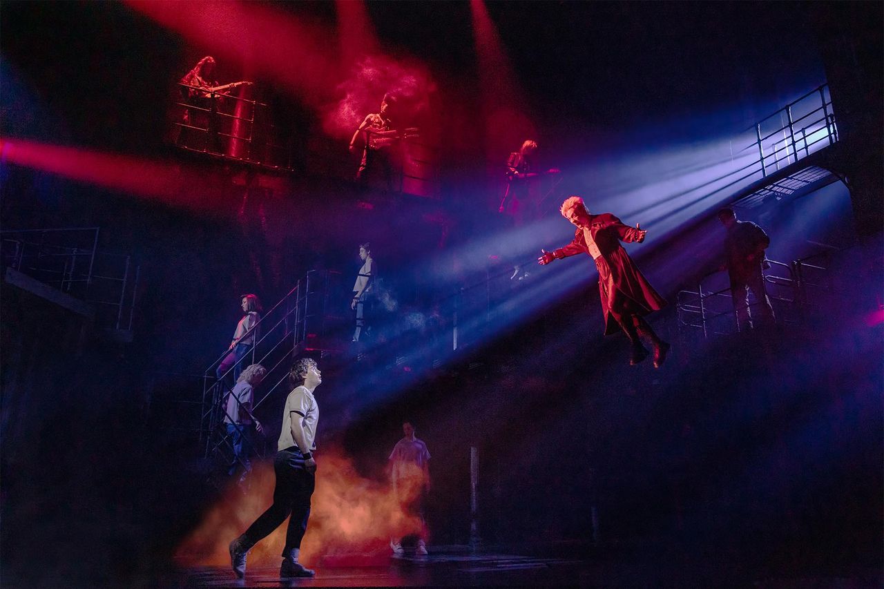 LJ Benet (left) and Ali Louis Bourzgui (flying, right) in 'The Lost Boys' on BroadwayCredit: Matthew Murphy