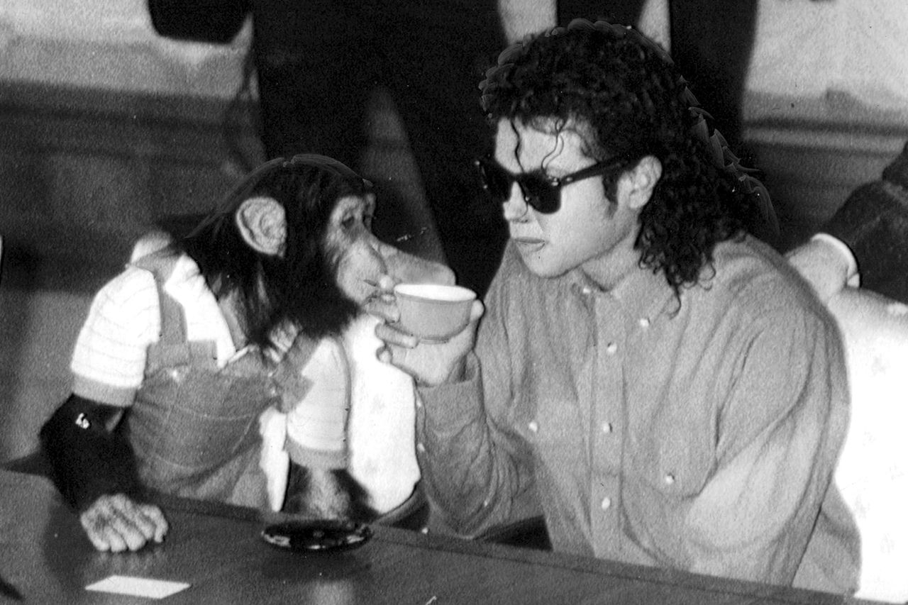 Bubbles the chimpanzee and Michael Jackson on Sept. 18, 1987Credit: Sankei Archive via Getty