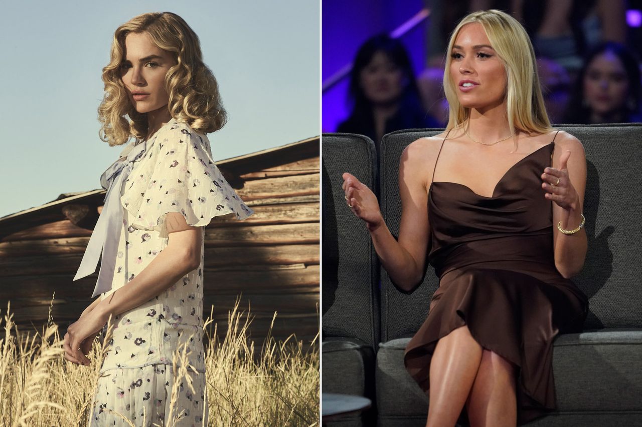 Michelle Randolph as Elizabeth Strafford in Paramount';s '1923'; Cassie Randolph onstage during the two-part finale of 'The Bachelor' season 26 in 2002Credit: James Minchin III/Paramount+; Craig Sjodin/ABC via Getty Images