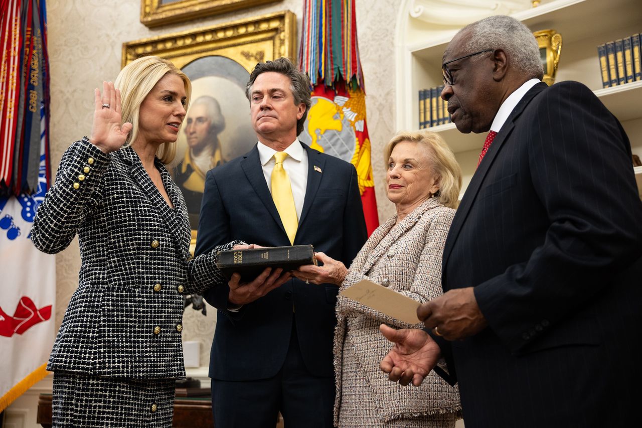 Associate Justice of the United States Supreme Court Clarence Thomas administers the oath of office to US Attorney General Pam Bondi as United States President Donald Trump, partner John Wakefield and mother Patsy Bondi look on in the Oval Office of the White House in Washington, DC. US Attorney General Pam Bondi Takes the Oath of Office, Washington, District of Columbia, USACredit: Shutterstock