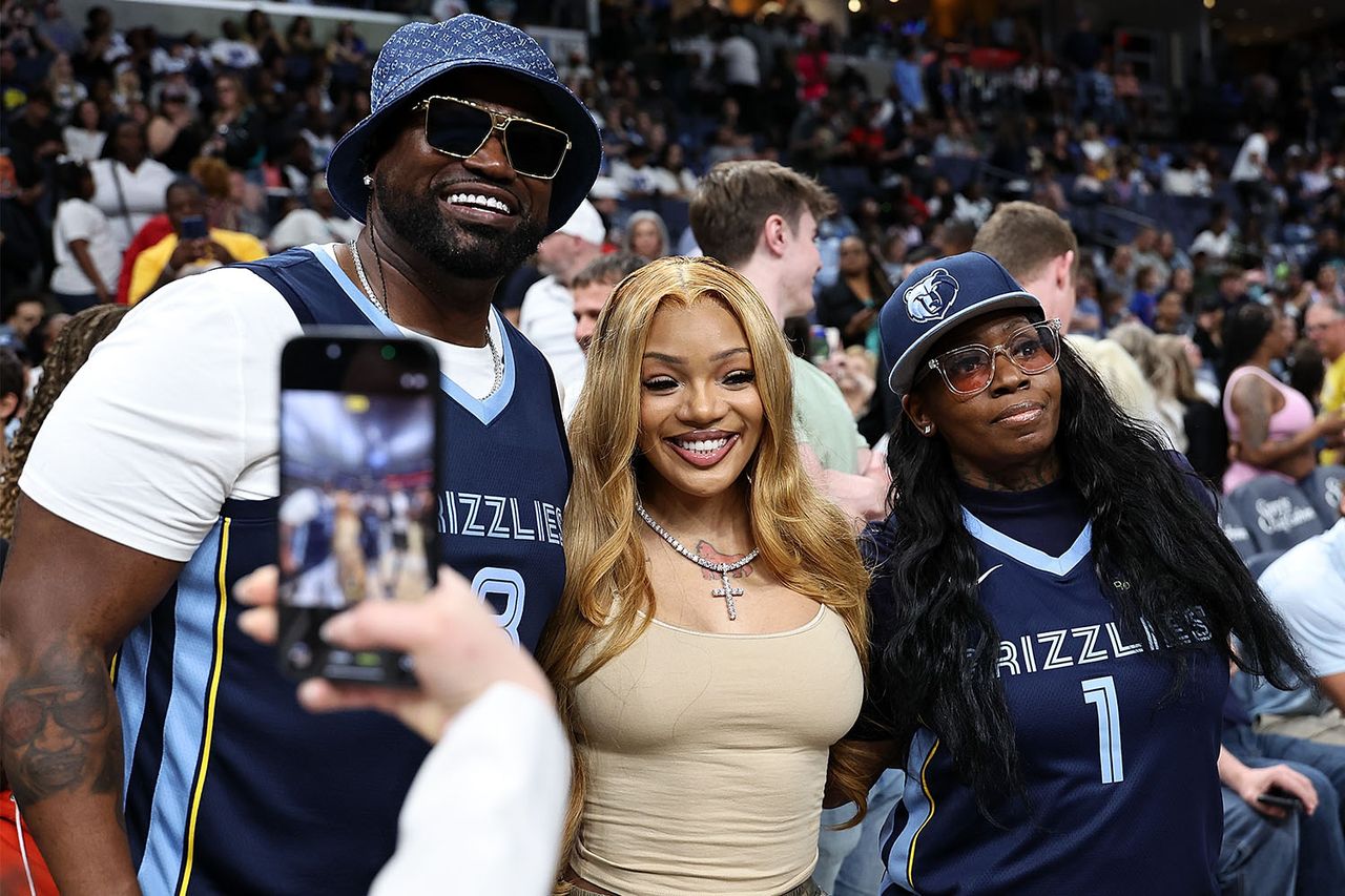 Project Pat, GloRilla and LaChat pose for a photo during the game between the Toronto Raptors and the Memphis Grizzlies at FedExForum on April 03, 2026 in Memphis, Tennessee. Project Pat, GloRilla and LaChatCredit: Justin Ford/Getty