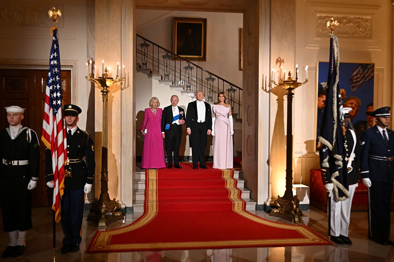 Queen Camilla, King Charles, President Donald Trump, and First Lady Melania Trump arrive for a state dinner on April 28, 2026Credit: Samir Hussein/WireImage