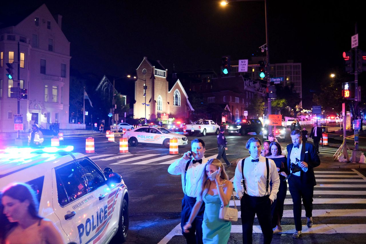 Guests walk away from the Washington Hilton after shots were fired at the White House Correspondents' Dinner on April 25, 2026Credit: Ulysse BELLIER / AFP via Getty