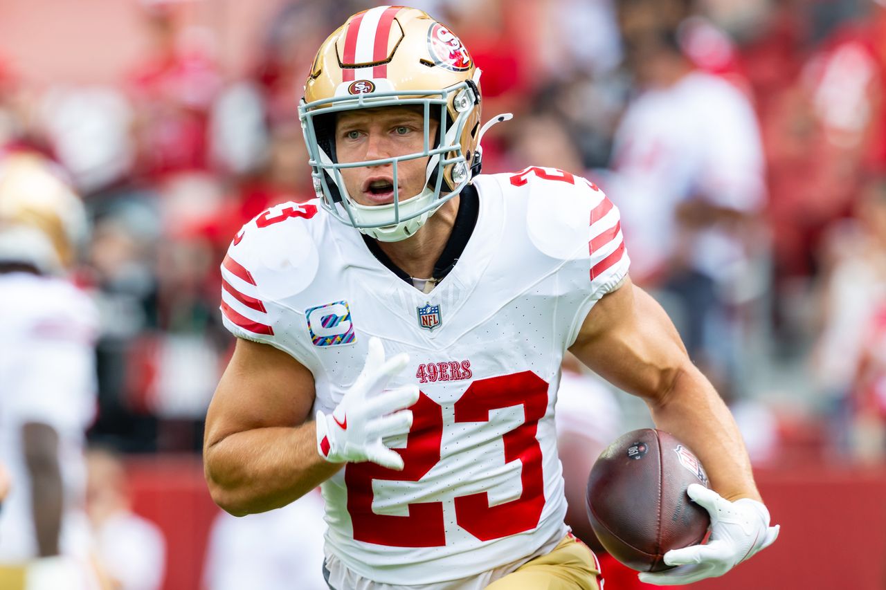 San Francisco 49ers running back Christian McCaffrey (23) warms up before a NFL game between the Jacksonville Jaguars the San Francisco 49ers on September 28, 2025 at Levi's Stadium in Santa Clara, CA. San Francisco 49ers running back Christian McCaffrey on Sept. 28, 2025Credit: Matthew Huang/Icon Sportswire via Getty