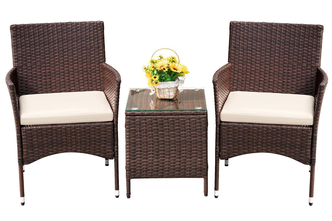 Devoko Patio Porch Furniture Sets 3 Pieces PE Rattan Wicker Chairs with Table Outdoor Garden Furniture Sets Credit: Amazon