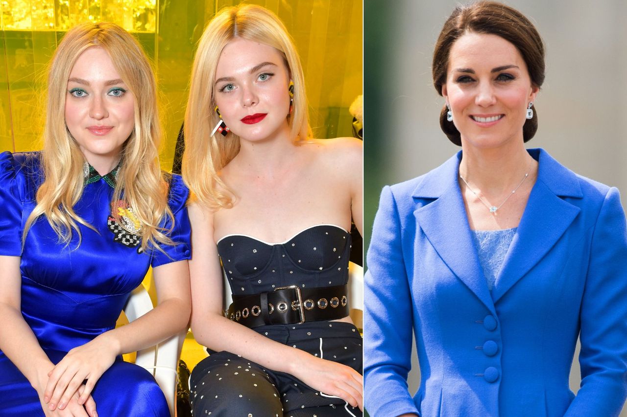 Dakota (left) and Elle Fanning at Miu Miu SS18 during Paris Fashion Week in Paris on Oct. 3, 2017; Kate Middleton visits the Brandenburg Gate in Berlin during an official visit to Poland and Germany on July 19, 2017Credit: Swan Gallet/WWD/REX/Shutterstock; Samir Hussein/WireImage