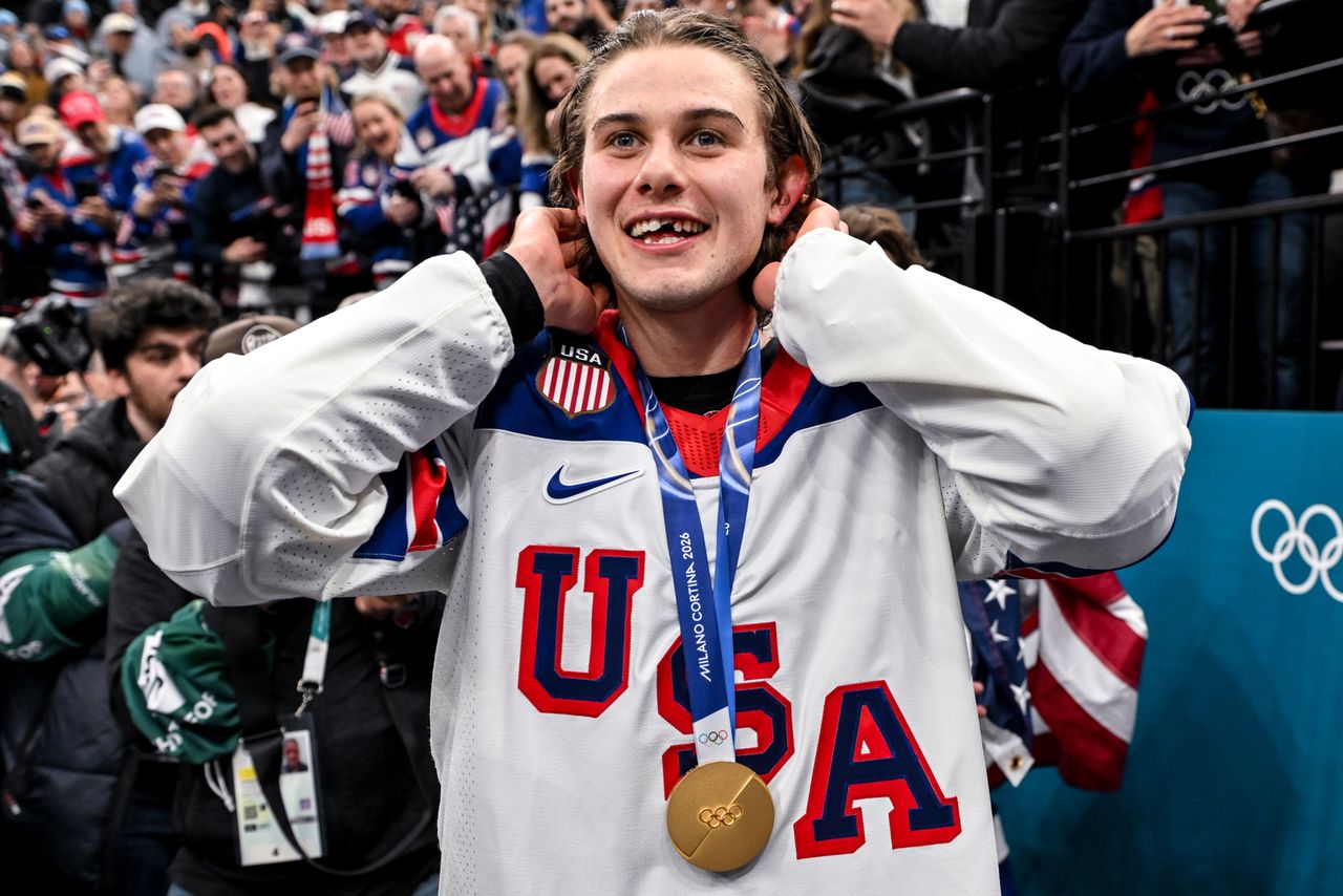 Jack Hughes of United States celebrates the victory during the Ice Hockey Men's Gold Medal Game match between Canada and USA on day sixteen of the Milano Cortina 2026 Winter Olympic games at Milano Santagiulia Ice Hockey Arena on February 22, 2026 in Milan, Italy Jack Hughes at the 2026 Winter OlympicsCredit: Andrea Branca/Eurasia Sport Images/Getty