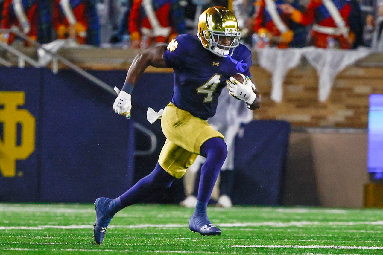 Jeremiyah Love #4 of the University of Notre Dame during a game on October 18, 2025 in South Bend, Indiana.Credit: Michael Miller/ISI Photos/ISI Photos via Getty