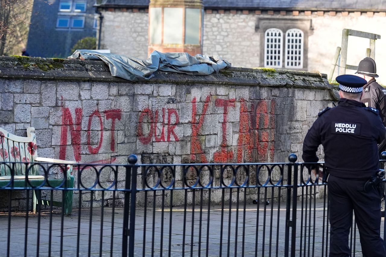 Spray painted graffiti which says Not My King on the wall outside St Asaph Cathedral in North Wales, where King Charles III and Queen Camilla will attend the Royal Maundy Service later today. Spray painted graffiti on the wall outside St Asaph Cathedral in North Wales on April 2, 2026.Credit: Alamy