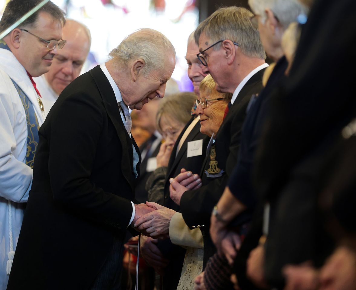King Charles III shakes hands with some of the 77 men and 77 women Maundy recipients at the Royal Maundy Service at St Asaph Cathedral on April 02, 2026 in St Asaph, Wales. King Charles shakes hands with some of the Maundy recipients at the Royal Maundy Service at St Asaph Cathedral on April 2, 2026.Credit: Chris Jackson/Getty
