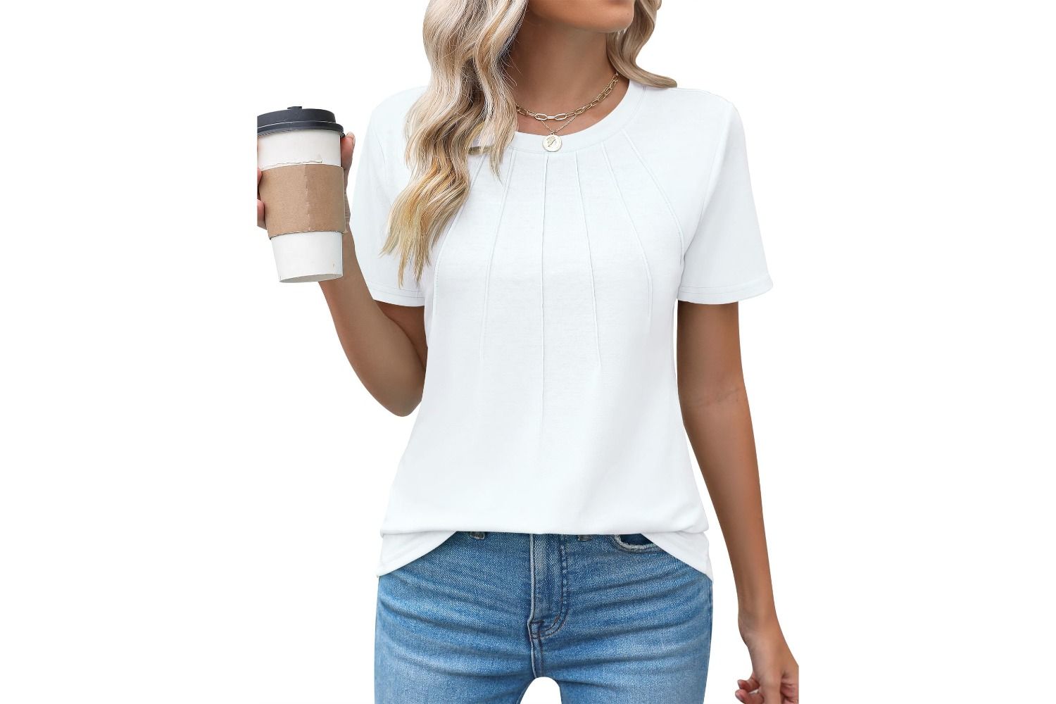 Kistore Casual Crew Neck Short Sleeve Pleated Blouse