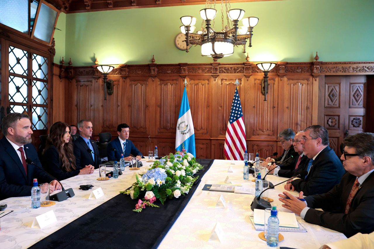 Then-Homeland Security Secretary Kristi Noem (second from left) and adviser Corey Lewandowski (third from left) attend a meeting in Guatemala on June 26, 2025Credit: Anna Moneymaker/Getty