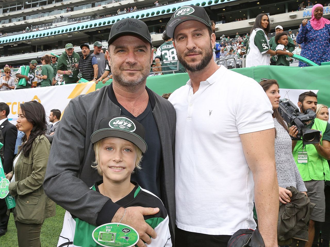 Liev Schreiber (left) and Pablo Schreiber at the New England Patriots at New York Jets game at MetLife Stadium in East Rutherford, N.J., on Oct. 15, 2017Credit: Al Pereira/WireImage