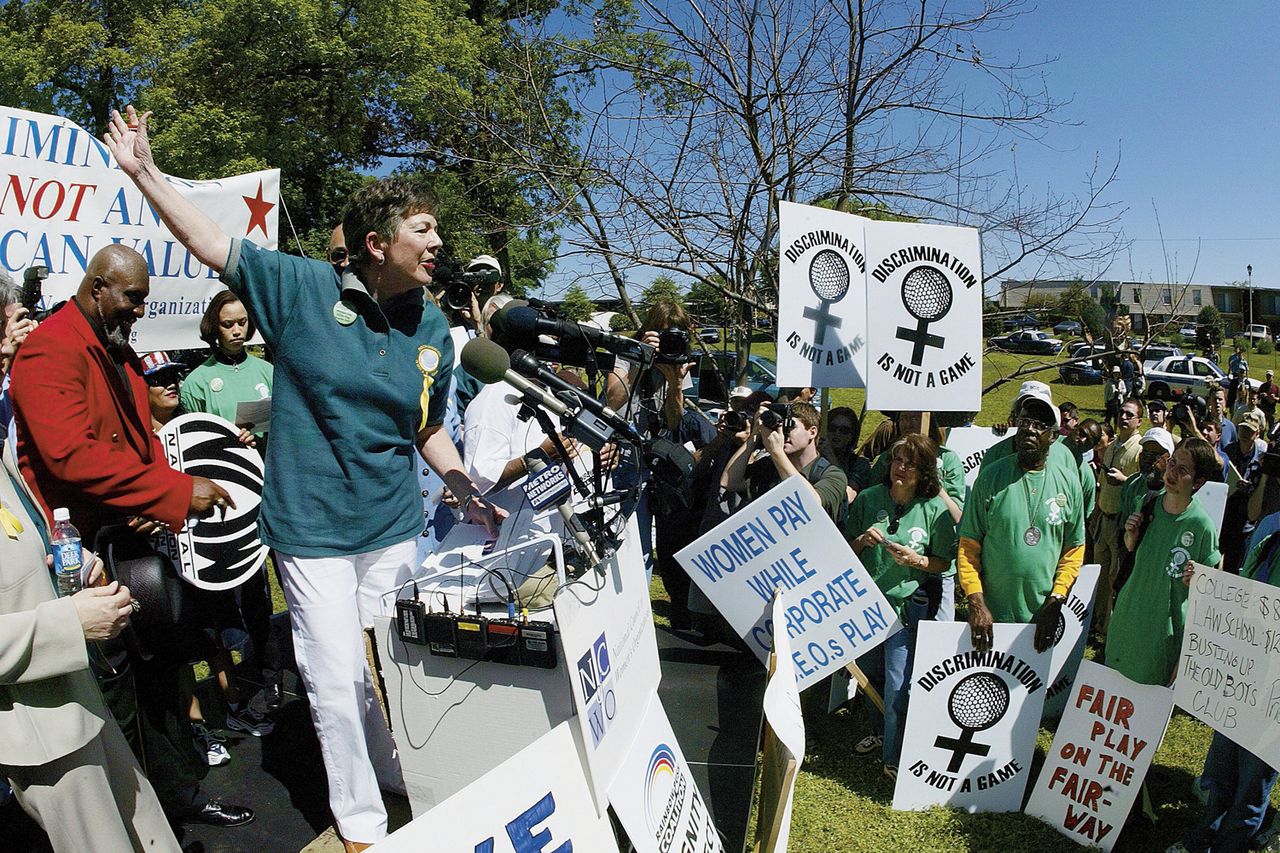 Martha Burk speaks to supporters protesting Augusta's all male membership practices in Augusta, GA.Credit: Gary Bogdon/Sports Illustrated via Getty