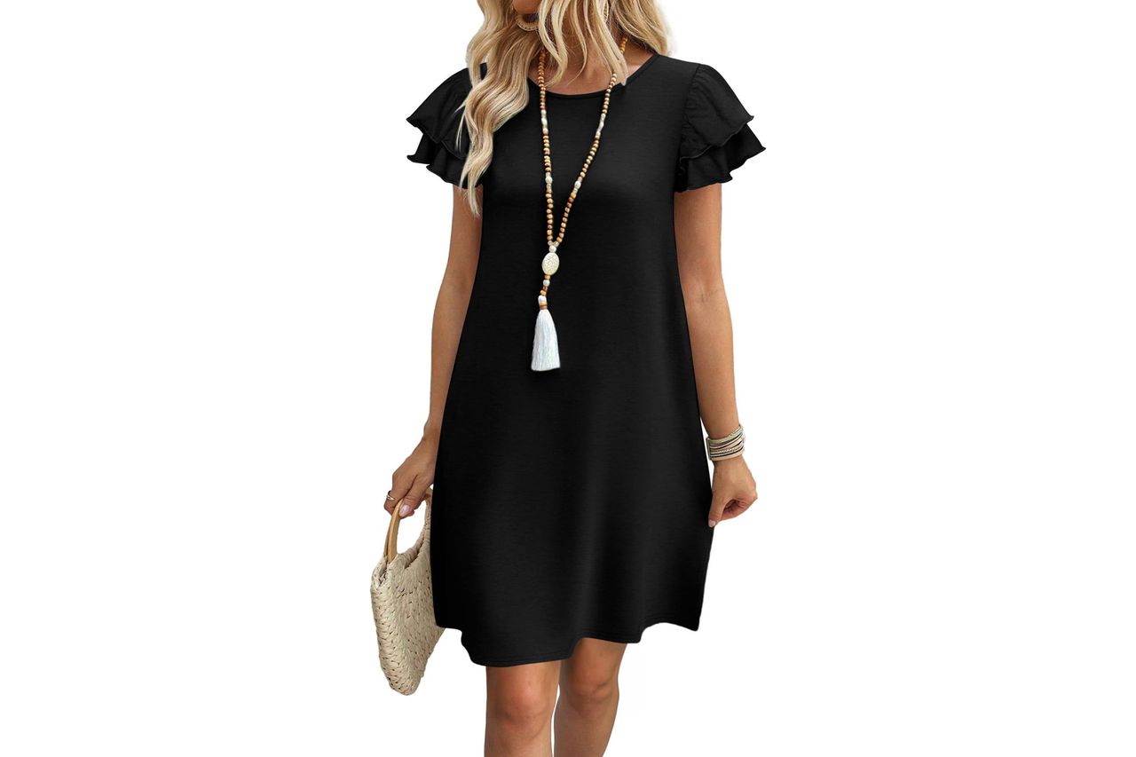 OFEEFAN Womens Summer Dresses 2026 Ruffle Sleeve Round Neck Loose Swing Sundresses with Pockets Plain/Print Credit: Amazon