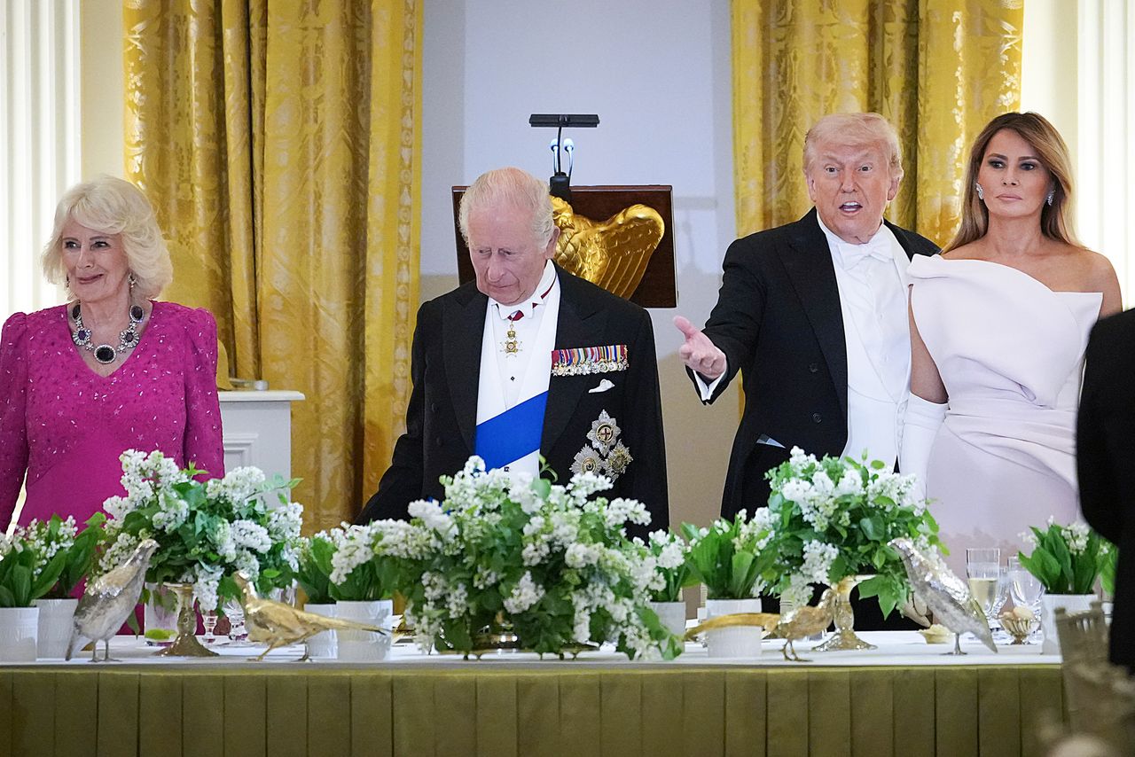 Queen Camilla, King Charles, Donald Trump and Melania Trump at the state dinner on April 28, 2026.Credit: Andrew Harnik/Getty