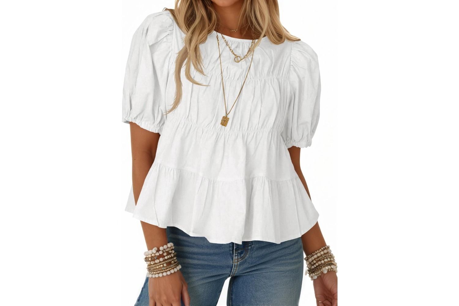 Tankaneo Puff Sleeve Peplum Babydoll Top