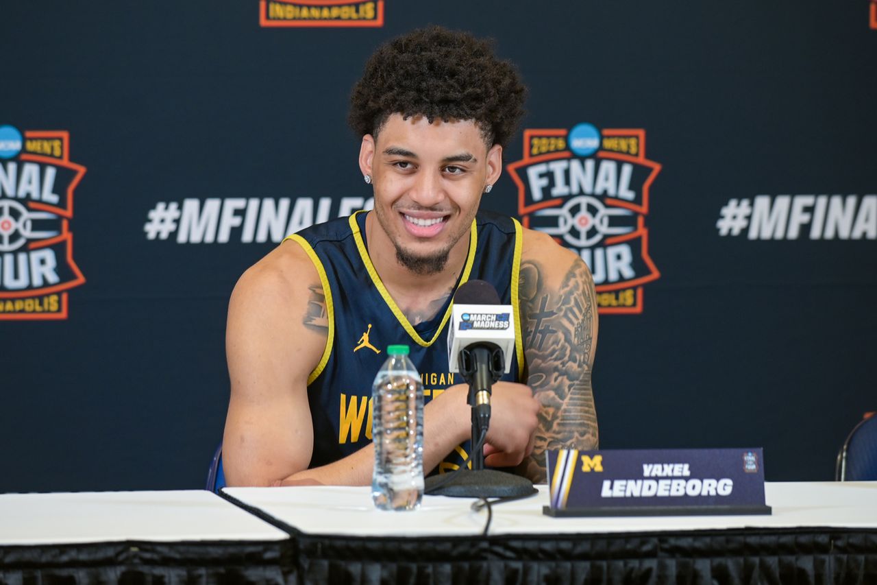 Yaxel Lendeborg of the Michigan Wolverines speaks to media on April 3, 2026, in Indianapolis.Credit: Aaron J. Thornton/Getty