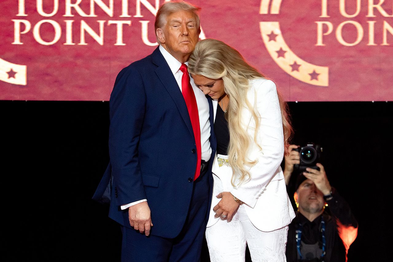 President Donald Trump and Erika Kirk during a memorial service for Turning Point USA founder Charlie Kirk on Sept. 21, 2025.Credit: Rebecca Noble/Bloomberg via Getty
