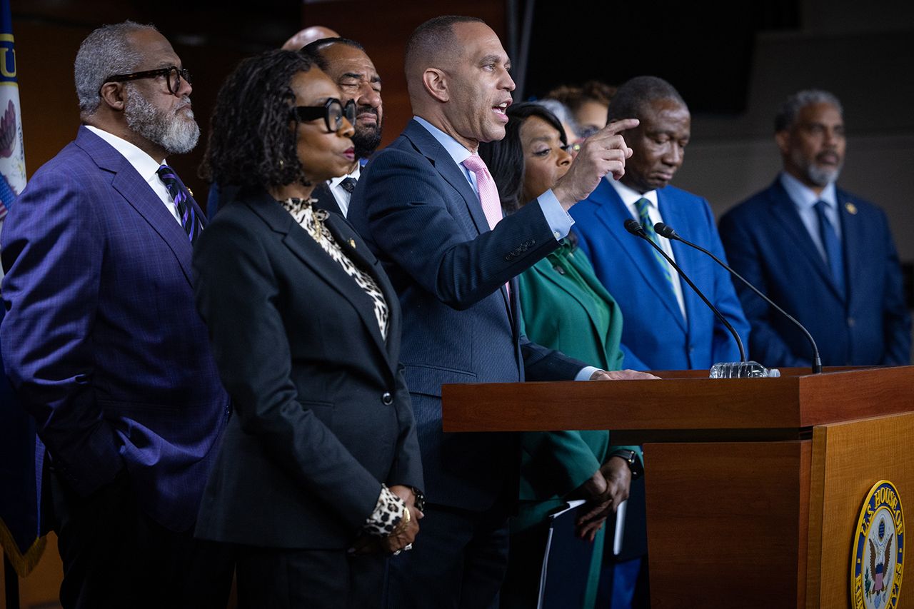 House Minority Leader Hakeem Jeffries speaks at a news conference on April 29.Credit: Nathan Posner/Anadolu via Getty
