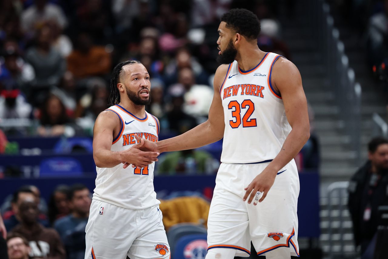 Jalen Brunson #11 and Karl-Anthony Towns #32 of the New York Knicks celebrate after a play against the Washington Wizards during the second half at Capital One Arena on February 3, 2026 Jalen Brunson #11 and Karl-Anthony Towns #32 of the New York Knicks.Credit: Scott Taetsch/Getty