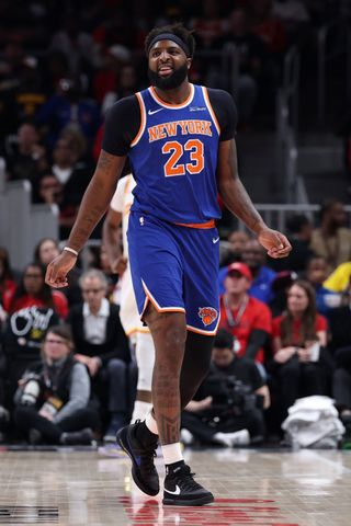Mitchell Robinson 23 of the New York Knicks reacts during the first quarter of a game against the Atlanta Hawks in Game Six of the First Round of the NBA Eastern Conference Playoffs at State Farm Arena on April 30, 2026 in Atlanta, Georgia. Mitchell Robinson of the New York Knicks at the NBA Eastern Conference Playoffs at State Farm Arena on April 30, 2026 in Atlanta.Credit: Kevin C. Cox/Getty