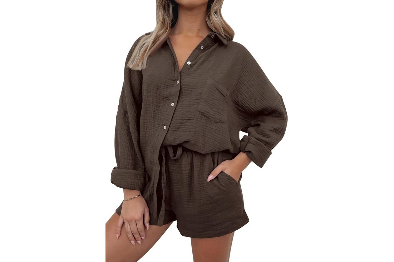 AUTOMET 2 Piece Sets For Women Lounge Wear Matching Two Piece Pajama Fashion Oversized Shirts And Shorts Spring Outfit 2026 Credit: Amazon