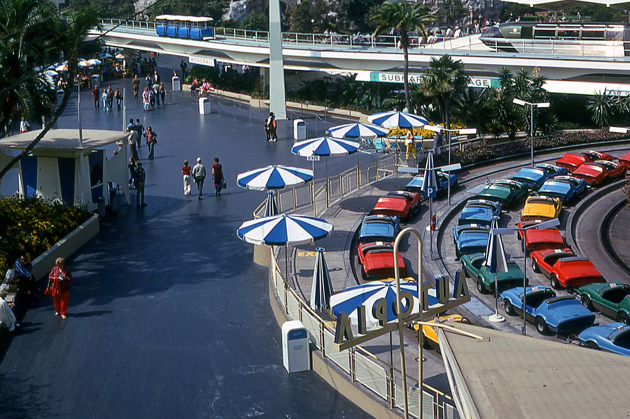Elevated view of Autopia race track in the 'Tomorrowland' section at Disneyland, Anaheim, CaliforniaCredit: Walter Leporati/Getty