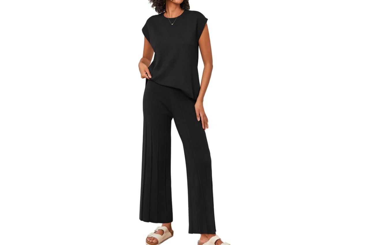 Ekouaer Lounge Sets for Women Two Piece Outfits Knit Cap Sleeve Tops Wide Leg Pleated Pants Casual Dressy Sweater Sets Credit: Amazon