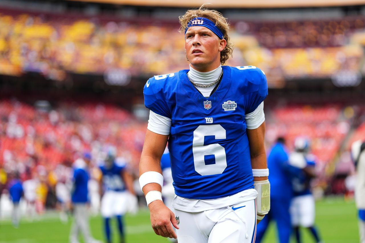 Jaxson Dart #6 of the New York Giants.Credit: Cooper Neill/Getty