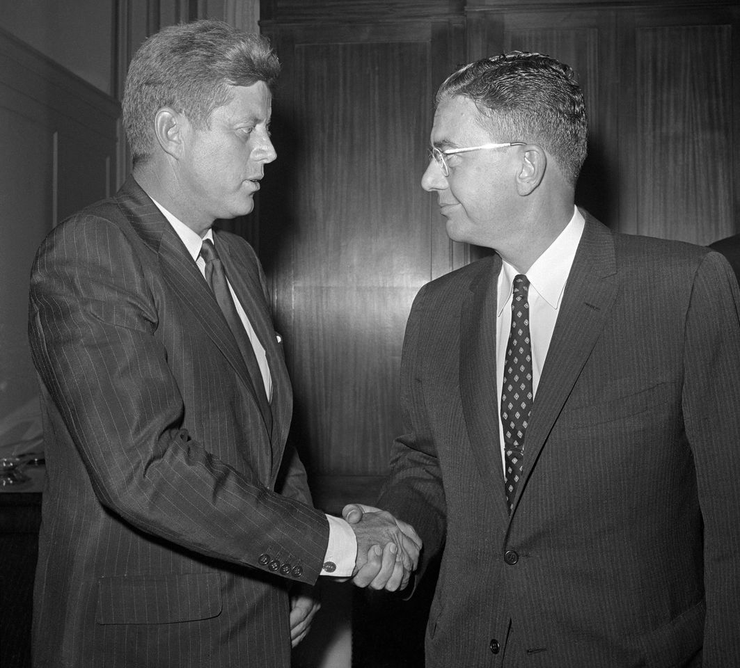 Presidential candidate John Kennedy shakes hands with Georgia Gov. S. Ernest Vandiver on Aug. 19, 1960.Credit: Bettmann/Getty