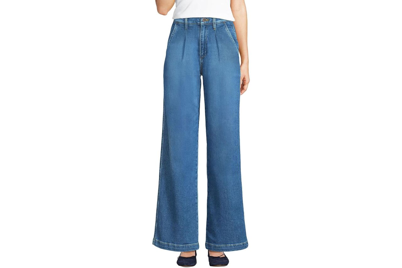 Lands End Womens High Rise Soft Denim Pleated Wide Leg Trousers Credit: Amazon