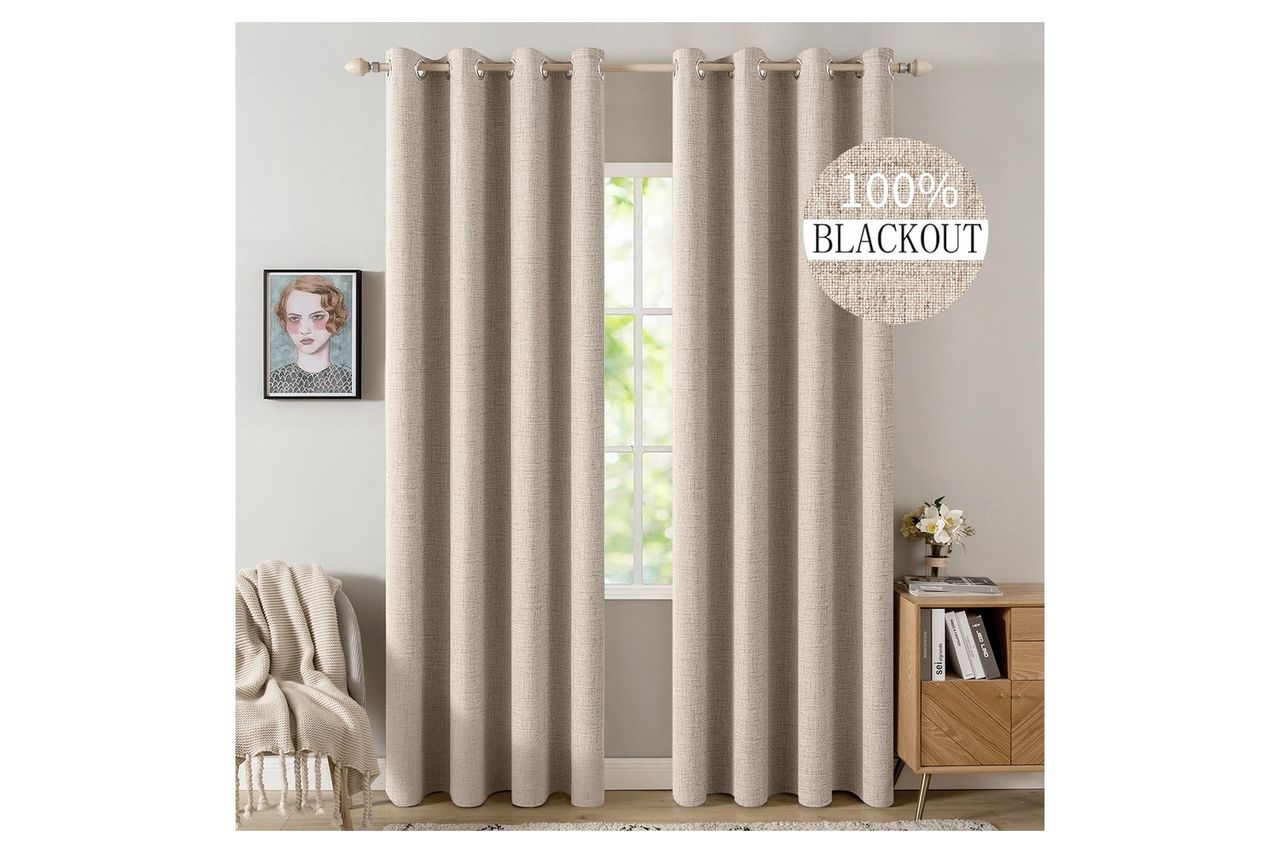 MIULEE 100% Blackout Linen Textured Curtains for Bedroom Solid Thermal Insulated Natural Beige Grommet Room Darkening Curtains & Drapes Luxury Decor for Living Room Credit: Amazon