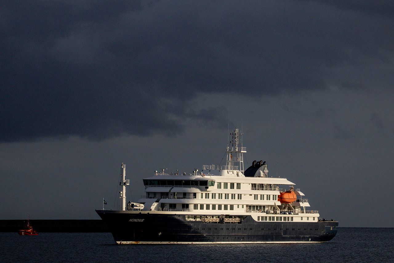 The MV Hondius, the cruise ship infected with the hantavirus sitting outside of the Canary Islands in SpainCredit: Chris McGrath/Getty