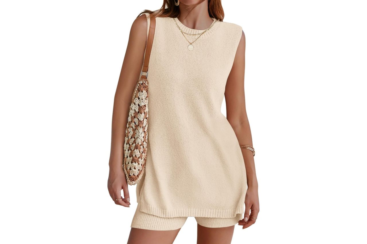 NENONA Women's Summer Sleeveless Sweater Lounge Sets Casual Loose Fit Tunic Tops and Shorts 2 Piece Beach Vacation Outfits Credit: Amazon