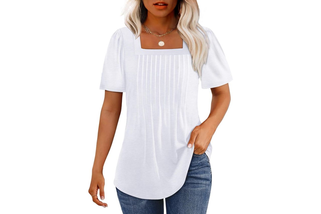 ofeefan t shirts for women pleated square neck dressy casual blouse Credit: Amazon