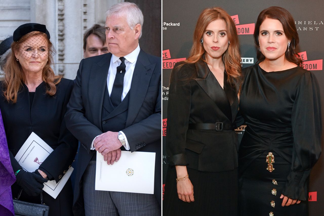 Sarah Ferguson and Prince Andrew at the Duchess of Kent's funeral on September 16, 2025; Princess Beatrice and Princess Eugenie at The Anti Slavery Collective's inaugural Winter Gala at Battersea Arts Centre on November 29, 2023 in London.Credit: Mark Cuthbert/UK Press via Getty; Dave Benett/Getty
