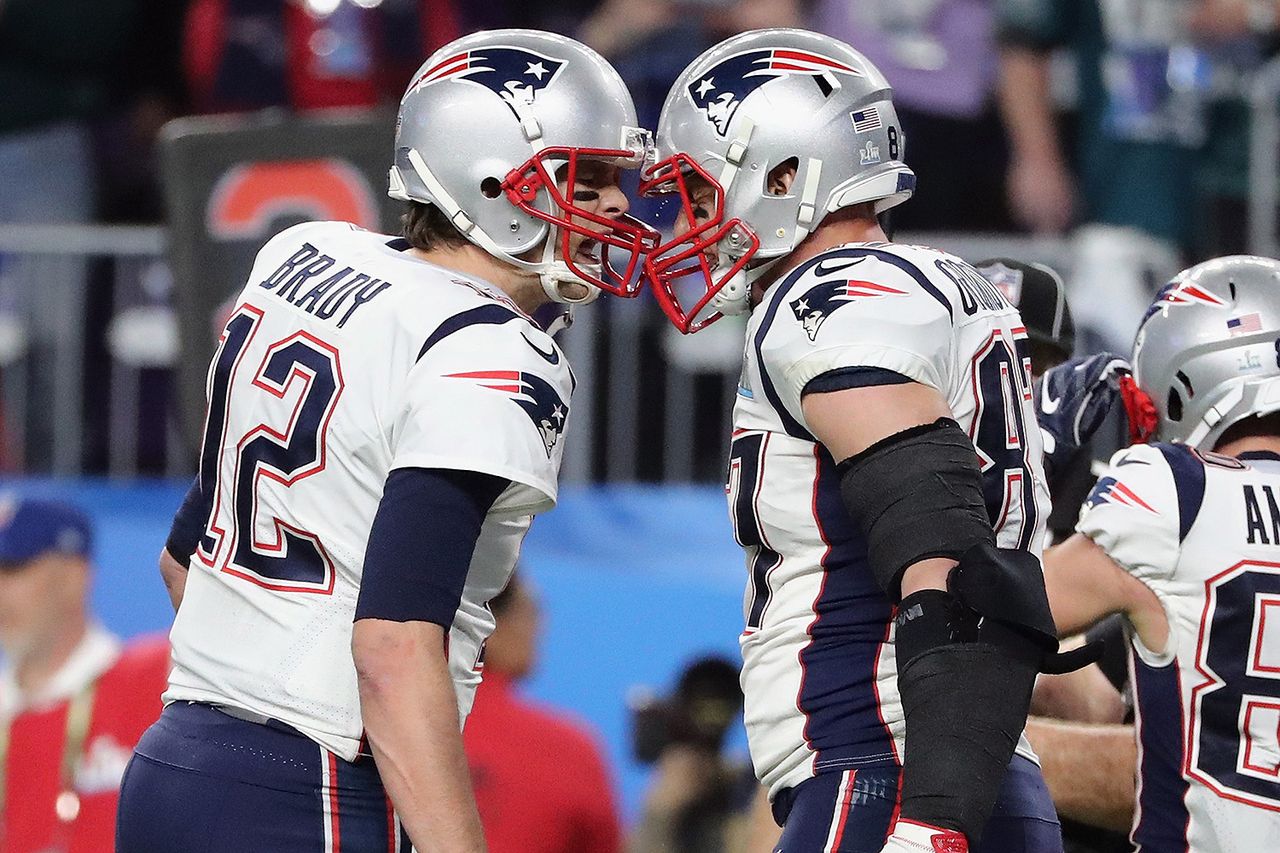 Tom Brady and Rob Gronkowski of the New England Patriots.Credit: Elsa/Getty