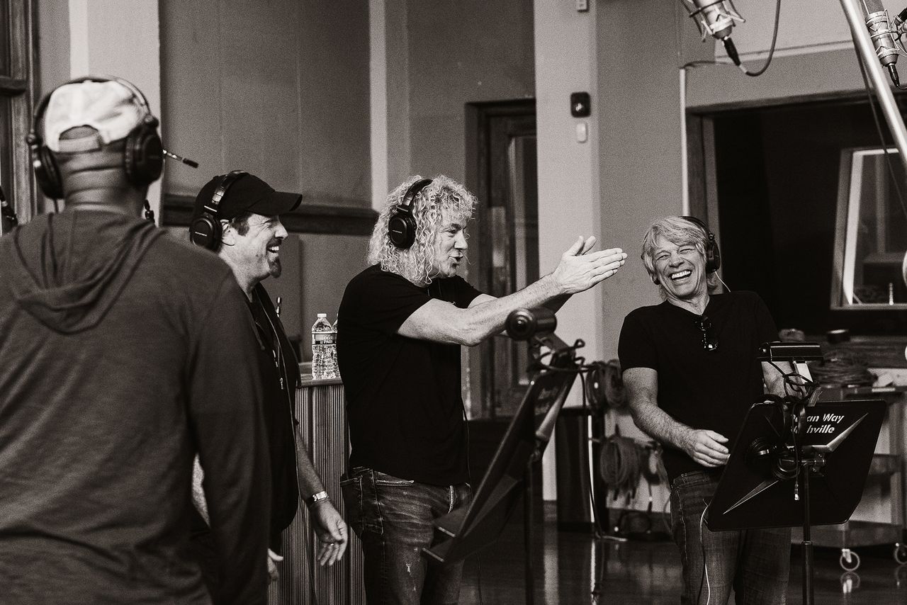 John Shanks and others in a recording studio interacting and smiling Jon Bon Jovi with keyboardist David Bryan in 2024Credit: Lise Pedersen