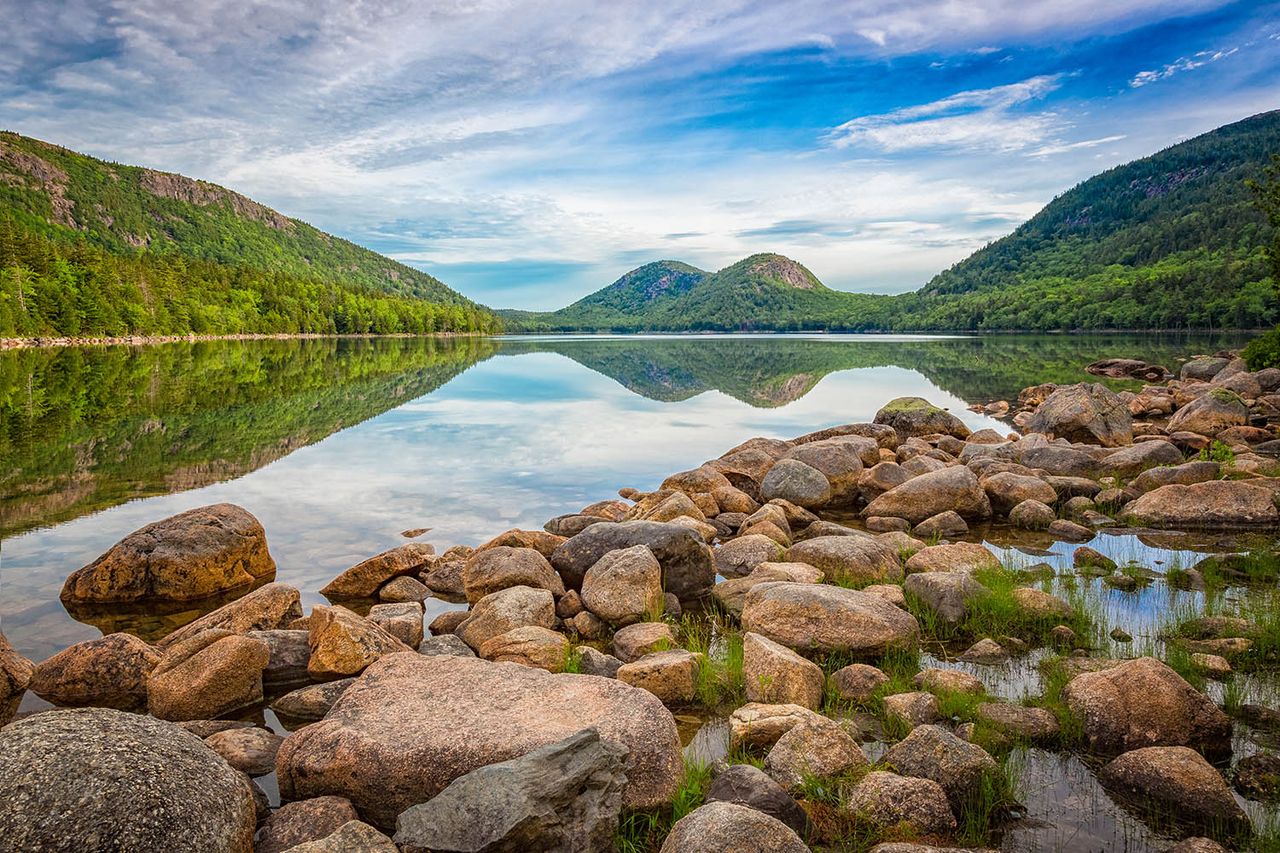 The Bubbles Mountains from Jordan Pond in Acadia National Park. Jordan Pond at Acadia National ParkCredit: Getty