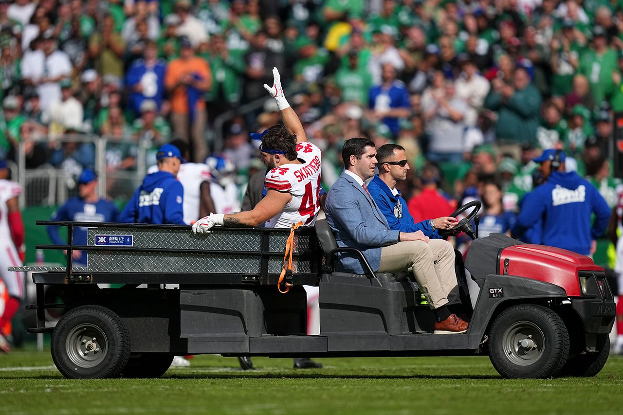 Cam Skattebo is carted off the field after an ankle injury on Oct. 25, 2025Credit: Mitchell Leff/Getty